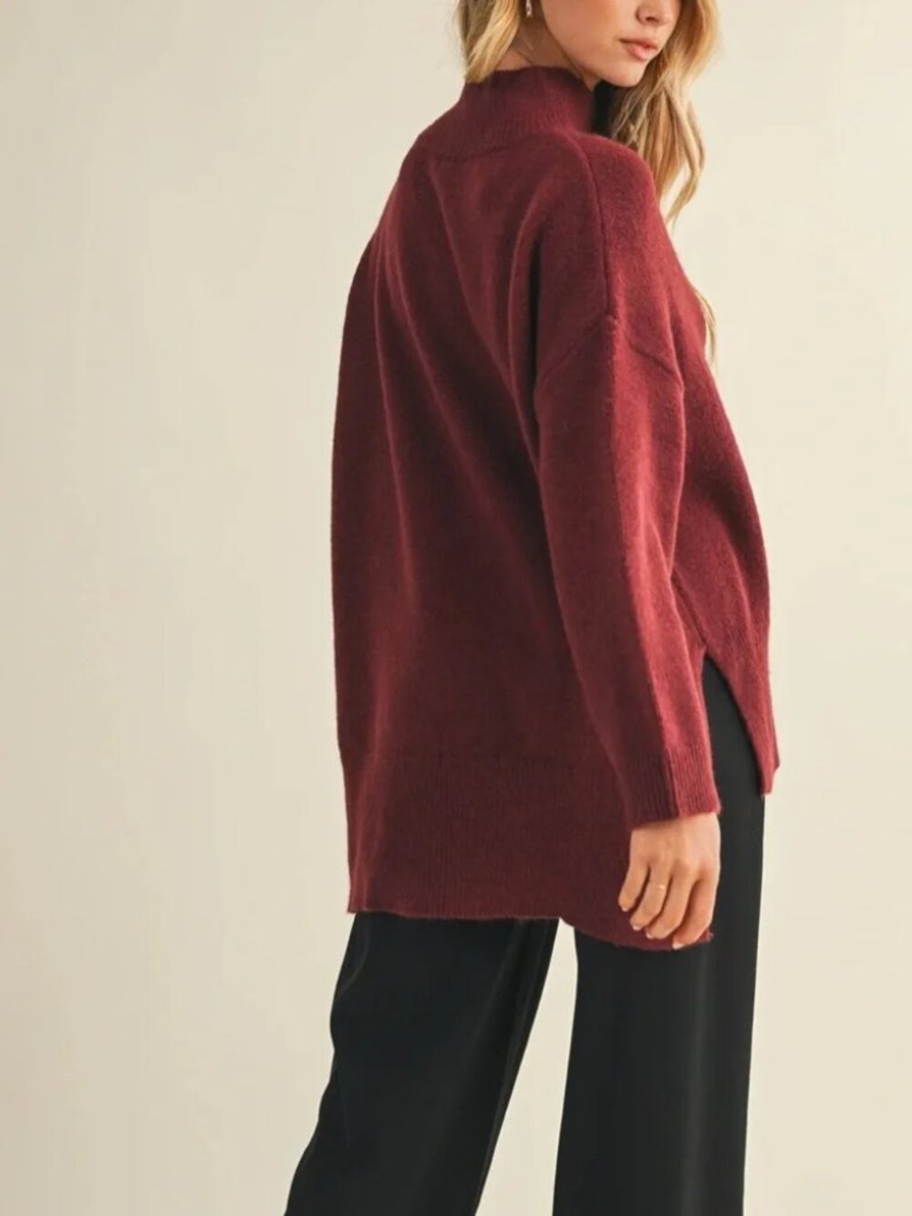 Mustard Seed Oversized Mock Neck High Low Sweater - Burgundy - Picture 4 of 15